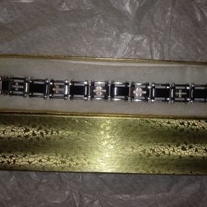 Stainless steel&Onyx link bracelet Diamond crosses